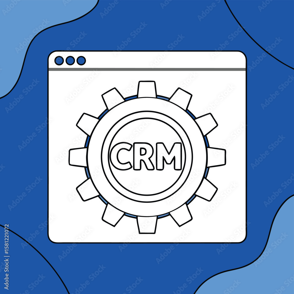 Poster c r m concept illustration with gear inside a web browser window on a blue abstract background custo