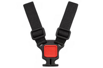 Black harness straps with red button on transparent background