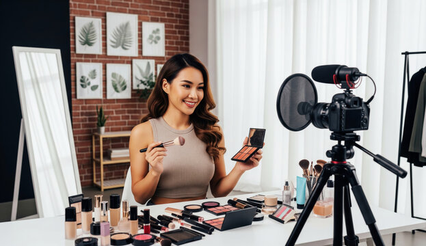 Young Female Vlogger Recording Cosmetic Review for Social Media - Powered by Adobe