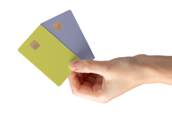 Finger holding card with chip, buy and pay concept. Cashback, credit, income, finance, salary