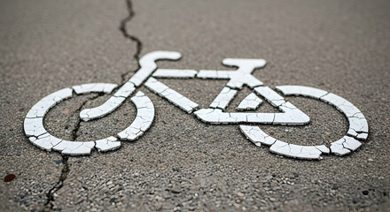 Distressed Bicycle Lane Symbol On Pavement With Crack Running Through The Sign