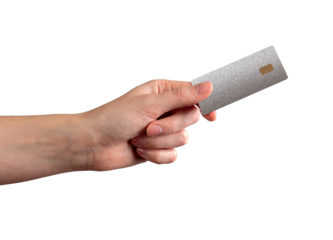 Hand grip detail. Bankcard with chip, cardholder showing shopping, cashback, money transfer, finance