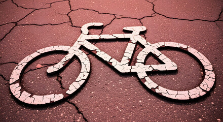 Distressed bicycle symbol on cracked asphalt surface indicating infrastructure decay cycle path warning