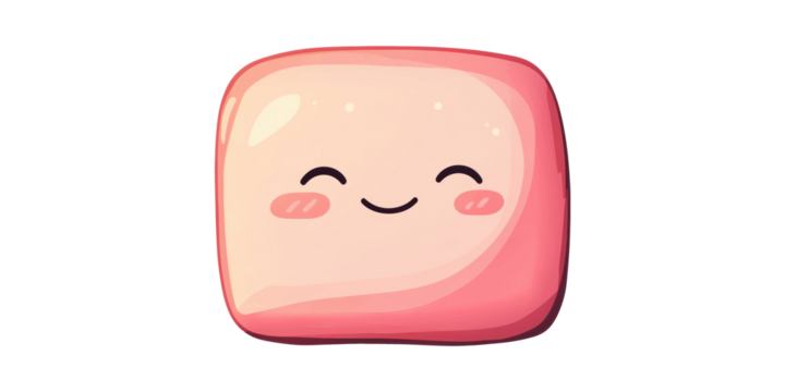Cute Kawaii Pink Marshmallow Character With Smiling Face. Adorable Cartoon Design For Kids Isolated On Transparent Background