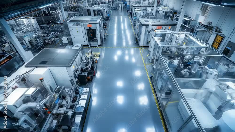Poster high angle view of engineers in protective suits discussing production processes in a modern semicon