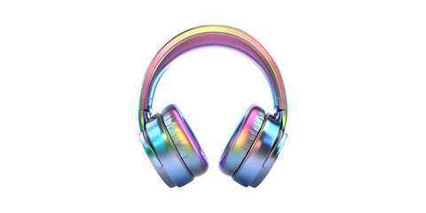 Colorful Iridescent Headphones. Modern Audio Technology And Stylish Design Isolated On Transparent Background