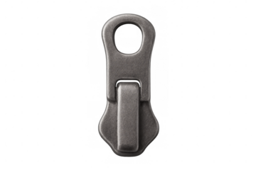 Close-up of metal zipper puller on transparent background