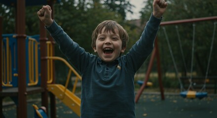 Obraz premium Ecstatic boy celebrates triumph on playground with arms raised in joyous, playful expression