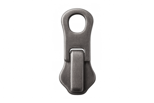 Close-up of metal zipper puller on transparent background