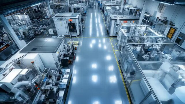 High angle view of engineers in protective suits discussing production processes in a modern semiconductor manufacturing factory, showcasing advanced technology and innovation - Powered by Adobe