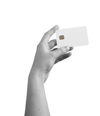 Hand with card, chip showing, salary fund, cashback, payment flow, economic service. Isolated on