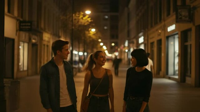 Three friends talking and walking together on a city street at night  