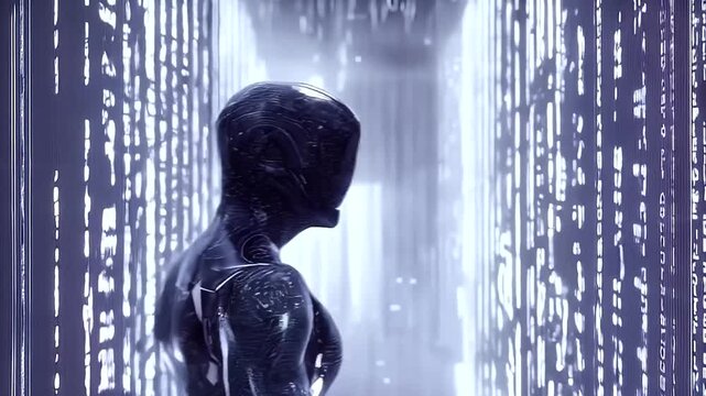Digital robot figure against a background of code.