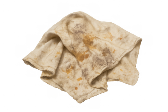 Dirty rag showing stains and grime on transparent background