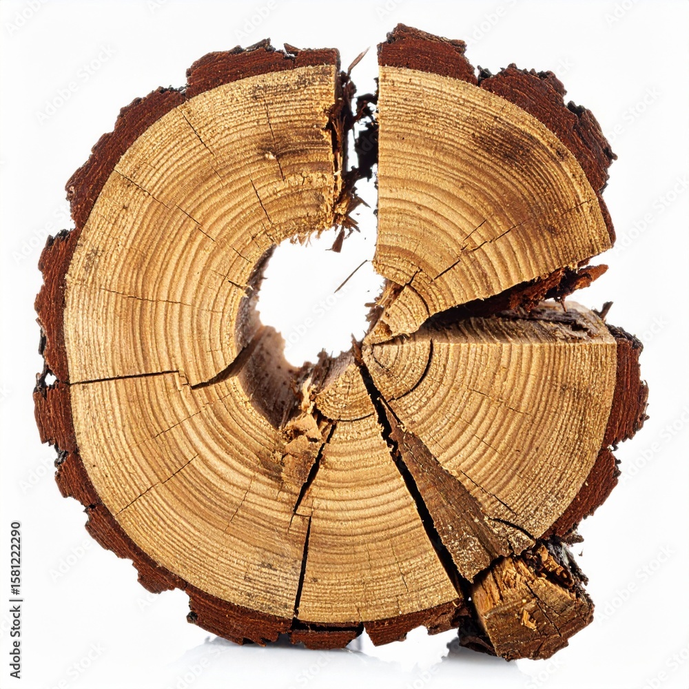 Poster fragmented circular tree trunk cross section with concentric rings on white