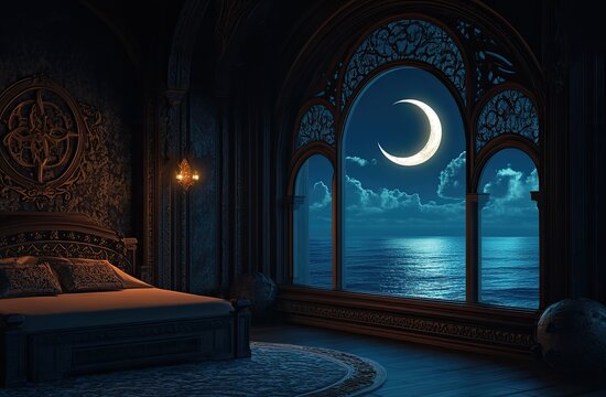 Dark, ornate bedroom with ocean view at night