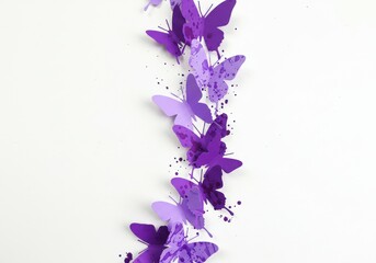 A string of purple paper butterflies with paint splatters on a plain white surface backdrop art