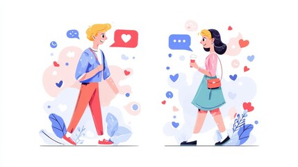 Fototapeta premium Friendship and communication, flirt and partner search, romantic bonding icons set. Friends meeting, blind date, relationship status metaphors. Vector isolated concept metaphor illustrations, no logo