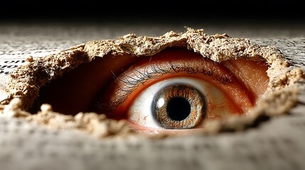 Naklejka premium an eye is visible through a hole in a surface. the hole is roughly circular and has a rough, torn edge. the surface appears to be paper with printed text on it