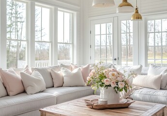 Light-filled sunroom with plush sofa and floral arrangement