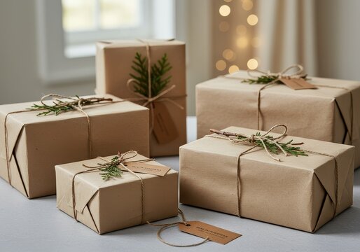 Gifts wrapped in brown paper with string and greenery in a bright setting for a special occasion