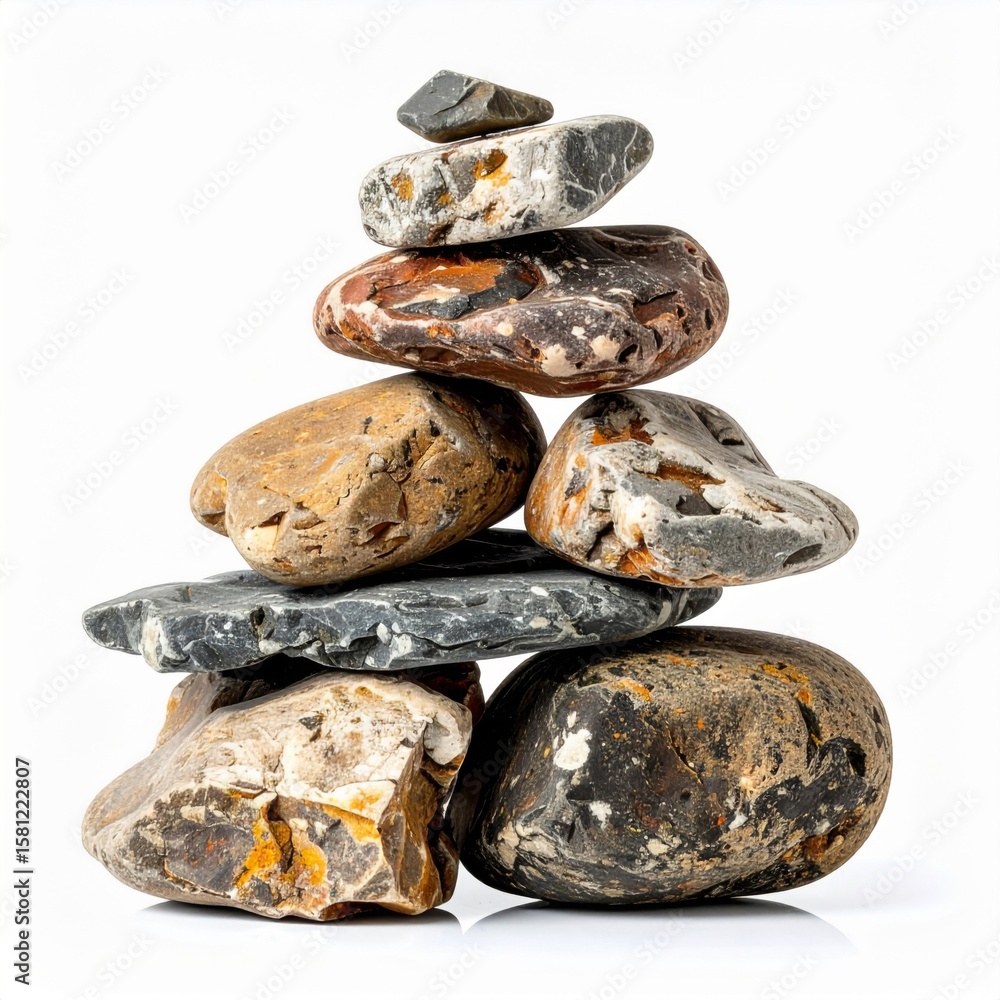 Poster stacked stones creating balancing stone cairn structure on white background