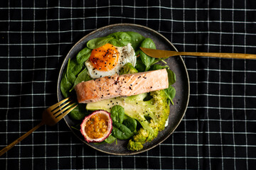 Baked or fried salmon and salad, Paleo, keto, fodmap, dash diet. Mediterranean food with steamed fish.