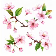 Floral Pink Cherry Blossom Branches with Green Leaves on White Background