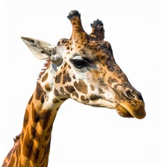 Obraz premium Close up Portrait of a Giraffe Head with Brown Spots on a White Background