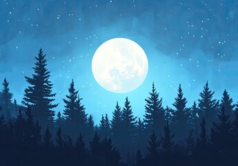 Silhouetted forest under a full moon at night