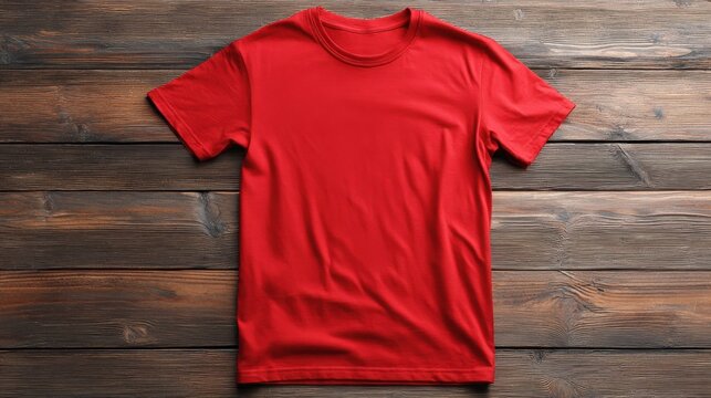 red T-shirt mockup concept. vibrant red men T shirt mockup lying flat on wooden surface