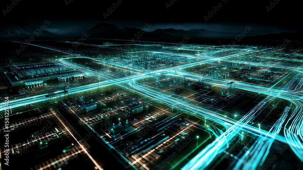 Poster light trails illuminating connections between buildings and facilities of a futuristic smart factory