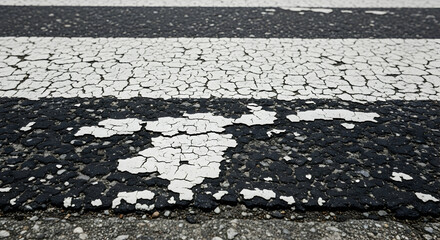 Distressed Road Crossing Marked By White Stripes Showing Cracked Asphalt Texture