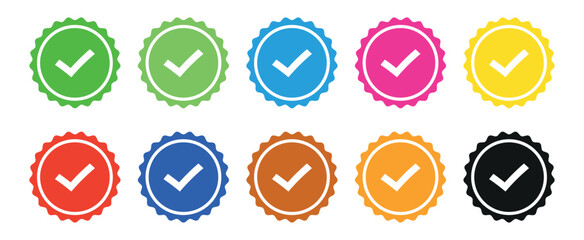 Set of colorful check mark badge icons with flat design style. Ideal for approvals, certifications, verified symbols, completed tasks, UI elements, or achievement indicators.
