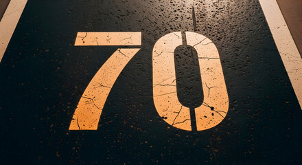 Distressed seventy number on textured dark surface with cracked paint marking road