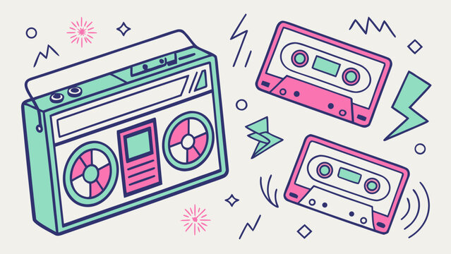 Retro boombox with two cassette tapes and decorative elements in a vibrant color palette design style
