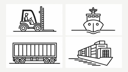 Fototapeta premium Illustration showing a forklift, cargo ship front view, trailer truck, and a container ship side view