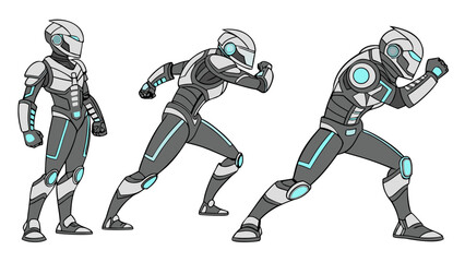 Three views of a futuristic armored character in standing and running poses with light blue accents