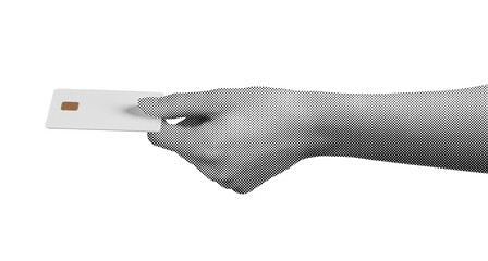 Pay moment. Finger holding card with chip, revenue, cashback, salary transfer, credit fund, economic