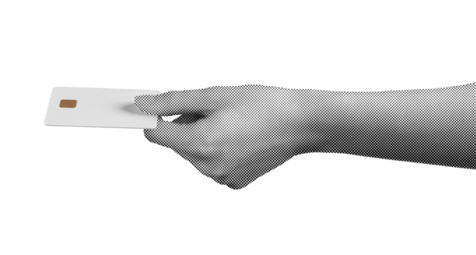 Pay moment. Finger holding card with chip, revenue, cashback, salary transfer, credit fund, economic