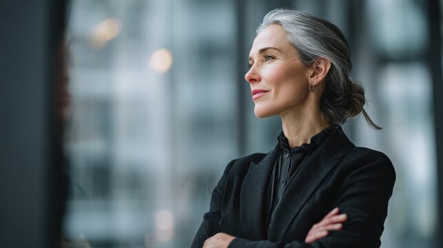 Happy proud prosperous mid aged mature professional latin business woman ceo executive wearing suit standing in office arms crossed looking away thinking of success, leadership, side profile view