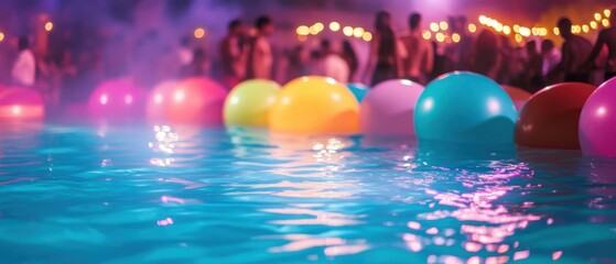 Vibrant poolside party at dusk with colorful atmosphere