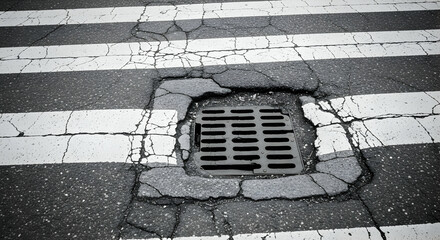Distressed Urban Crossing: Cracked Asphalt and Grid Drain on Pedestrian Walkway