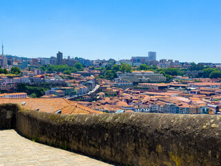Porto and Vila Nova de Gaia skyline, panoramic urban landscape with red tiled rooftops, traditional