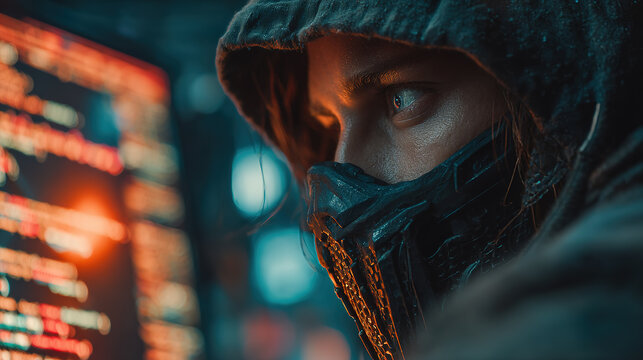 The enigmatic hacker's gaze, immersed in digital intricacies, and codes on the screen.