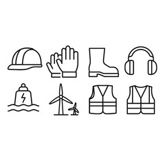 A comprehensive set of minimalist outline icons illustrating essential personal protective equipment, industrial safety, and renewable energy concepts.