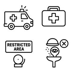 A collection of essential line icons depicting emergency services, medical first aid, restricted access warnings, and crucial eye wash safety procedures.