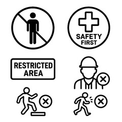 Safety and security icons set: no entry, restricted area, safety first, unauthorized personnel, no running, and worker prohibition symbols for industrial or construction sites.
