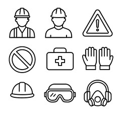 A simple vector line drawing showcases essential worker safety icons, including a hard hat, first aid kit, safety goggles, and more, on a clean white background.