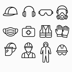 Vector line drawing showcases a collection of essential personal protective equipment, including a hard hat, safety glasses, and respirator, against a clean white backdrop.
